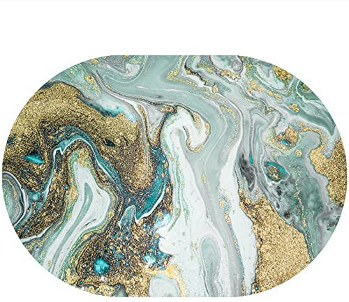 Rururug Teppich Oval Moderner Läufer Orientteppich Kurzflor Flur Schlafzimmer Küche Wohnzimmer rutschfest Waschbar, modernes Design Meerwasser blau grün Gold Oval 80 x 150 cm