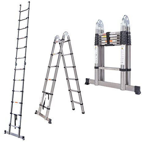 3.8M 12.5ft A Frame Telescopic Folding Ladder Stainless steel Extendable Extension Foldable Portable Steps Ladders Indoor Outdoor 330lbs Load Capacity