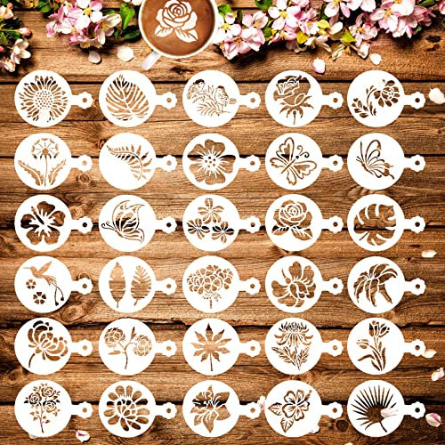 MWOOT 30Pcs Flowers Coffee Stencils Cake Painting Template Kit, Reusable Latte Art Baking Decorating Stencil, DIY Stencil Cookie Barista Tools for Hot Chocolate Cupcake Cappuccino Decoration(9.7x7CM)