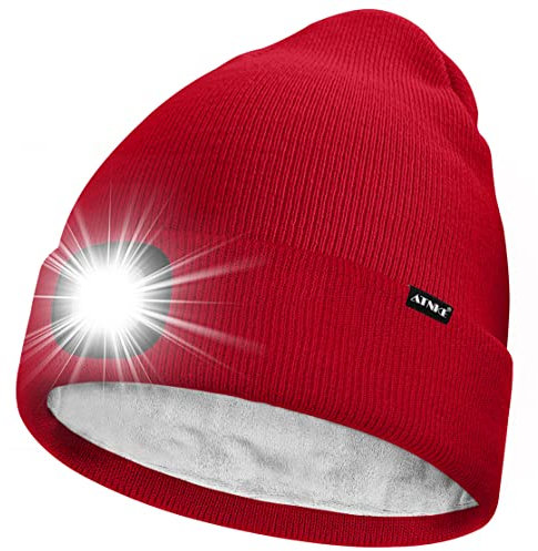 ATNKE LED Mütze mit Licht,Wiederaufladbare USB 4 LED Beleuchtete Laufmütze Extrem Heller Lampe Winter Warme Gefüttertes Fleece Stricken Mütze für Herren und Damen Geschenke/Red