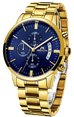Herrenuhr 45mm Chronograph Quarz Uhr mit Edelstahl Armband, Wasserdicht Uhren Herren mit Datum Leuchtend Armbanduhr Herren Blau Gold, Geschenk für Männer