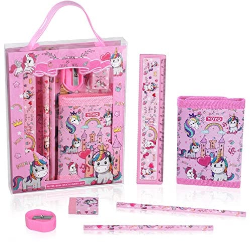 Vicloon Einhorn Schreibwaren Set, Einhorn Schreibwaren Geschenkset für Mädchen, Radiergummi, Anspitzer, Brieftasche, Lineal, Bleistift, Kinder Mitgebsel, Geschenk Set für Mädchen und Junge(Einhorn)