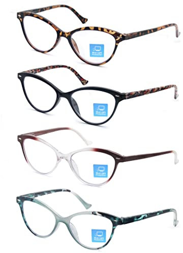 HEEYYOK 4Pack Reading Glasses for Women +1.25 Blue Light Blocking Cat Eye Ladies Readers Glsses Flexible Spring Hinge