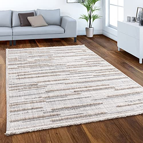 Paco Home Teppich Wohnzimmer Schlafzimmer Kurzflor Boho Vintage Skandi Ethno Abstrakt Geometrisches Muster 3D Effekt Mit Fransen, Grösse:120x170 cm, Farbe:Creme 3