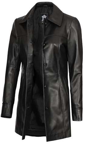 fjackets Women's Leather Jacket - Real Lambskin Leather Car Coat For Women - Long Leather Coat Button Closure