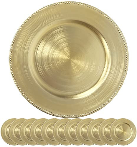 Maiangel Metallic Gold Beaded Charger Plates,13 Set Of 12 Acrylic Plastic Round Plate Chargers For Dinner Plates Bulk Wedding Party Events Decroation(Beaded Gold)