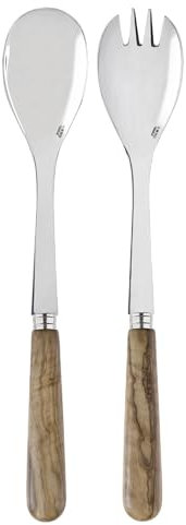 Sabre Paris | Couverts à salade Lavandou couleur Bois d'Olivier, finition brilante, 2 pièces. Grande fourchette et grande Cuillère en Acier Inoxydable et manche en véritable bois d'olivier