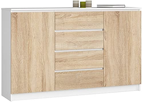 AKORD Kommode K 160 cm | 4 Schubladen und 2 Türen | für Wohnzimmer Schlafzimmer Schrank Wohnzimmer | Modernes Funktionelles Design | 16mm laminierte Platte | Farbe Weiß/Sonoma