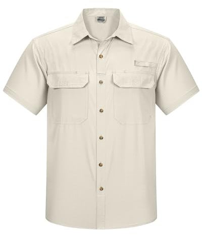 Outdoor Ventures Men's Quick Dry Casual Shirts UPF 50 Button Down Hiking Shirts Lightweight Short Sleeve Cooling Shirt for Safari Fishing Golf Travel Light Khaki L