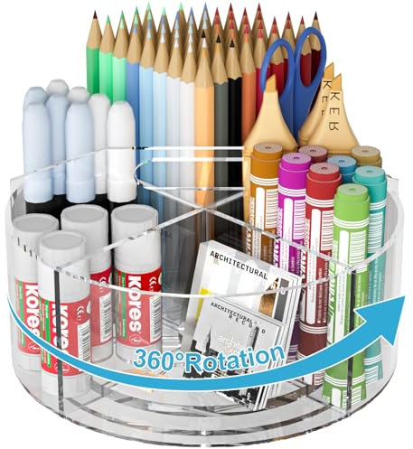 360° drehbarer transparenter Stifthalter mit 6 Fächern – Acryl-Organizer mit Griff für Schreibtisch, Marker, Farben und Pinsel