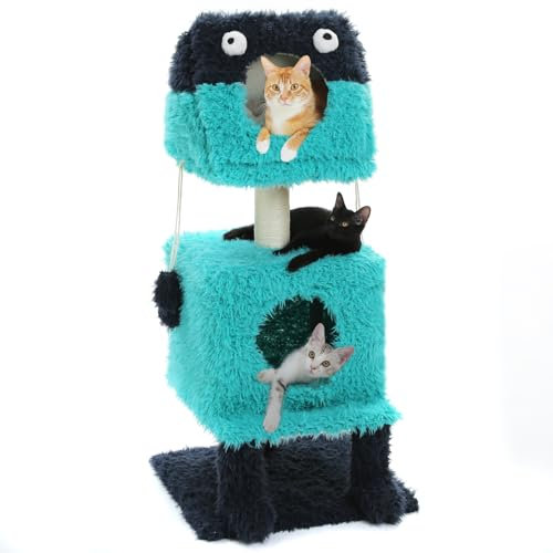 PETEPELA Monster-Stil Maison pour chat avec griffoir, 2 en 1 - Chaude - Arbre à chat avec 2 niches douillettes - Niche amusante avec lit amovible - Panier pour chat d'intérieur - Violet