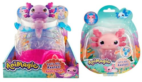 Animagic - Set 1 Aquarium Axolotl Violett + 1 Axolotl Rosa - Leuchtendes Elektronisches Haustier - Für Kinder ab 4 Jahren - Dehnbarer Körper - Aquarium zum Transport der Axolotl
