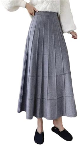 Damen Winter Strickröcke Frauen Elegant Solide A-Linie Strickrock Damen Plissee Knöchellange Röcke, grau, 40