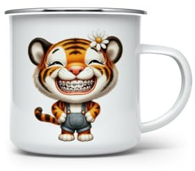 MAXIKIWI - Langlebige Emaille-Kaffee- oder Tee-Campingbecher für drinnen und draußen, lustige Tiere mit Zahnspangen, 350 ml