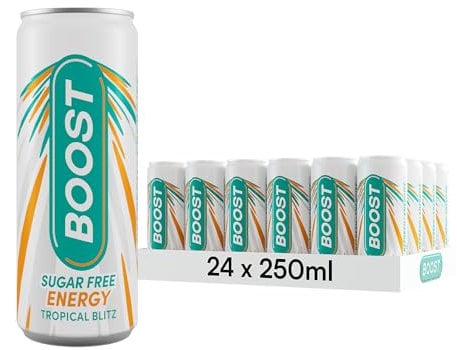 Boost Energy Drink Sugar Free Cans Tropical Flavour - 24 Pack Drinks with Caffeine, Taurine and Vitamin B | Carbonated Energy Drinks | Gluten Free Vegan Low Calorie Zero Sugar Fizzy Drinks | 24x250ml