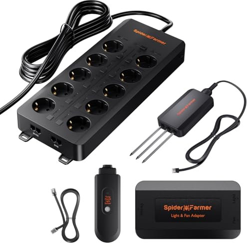 Spider Farmer GGS AC10 10-Fach Steckdosenleiste Kits, Smart APP Basierte Kontrollen Steckdosen, 3 in 1 Boden Sensor, Temp Humid Light Sensor, für Indoor GrowZelt Grow Tent und Raum (Europasteckdose)