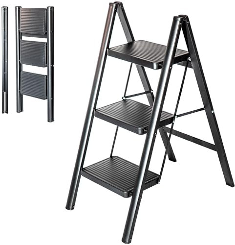 Escabeau 3 marches FOLDPACT3, Marche pied pliable, Design ultra-compact, Marches larges 17,5 cm, Acier, Etagère temporaire, Garantie 5 ans, Hostrom