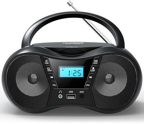 Greadio Portable CD Player Bluetooth 5.1, Boombox with FM Radio & USB, LCD Display, Mains and Battery Operated, AUX-In, Compatible with CD/CD-R/CD-RW/MP3, CD Player for Home
