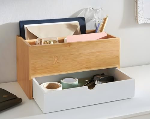Dekoleidenschaft Organizer Bamboo aus Bambus, mit Schublade und 2 Fächern, Schreibtisch/Küchen Utensilien/Make-Up Aufbewahrung