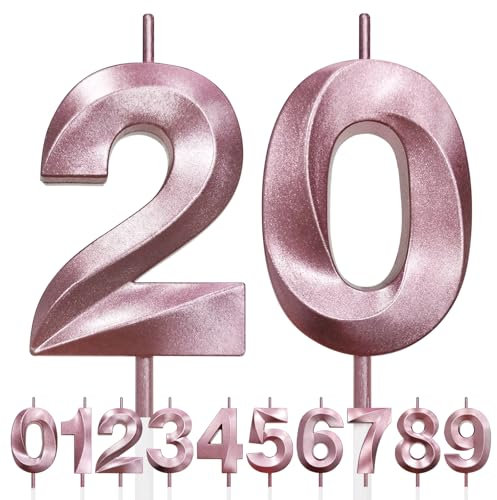 20th Birthday Candle, 3D Design Rose Gold Glitter Number Candles, Cake Topper Decorations, Cake Candle for Birthday Party, Wedding Anniversary, Baby Shower, Party Decoration (Pink Gold)