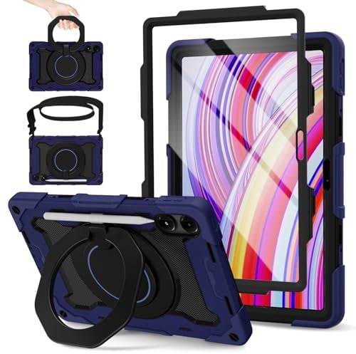 ROISKIN Custodia per Xiaomi Redmi Pad Pro 12.1 Pollici 2024 con Pellicola Protettiva e Tracolla e Portapenna, Cover Militare Antiurto per Xiaomi Poco Pad, supporto girevole per bambini, Blu Navy