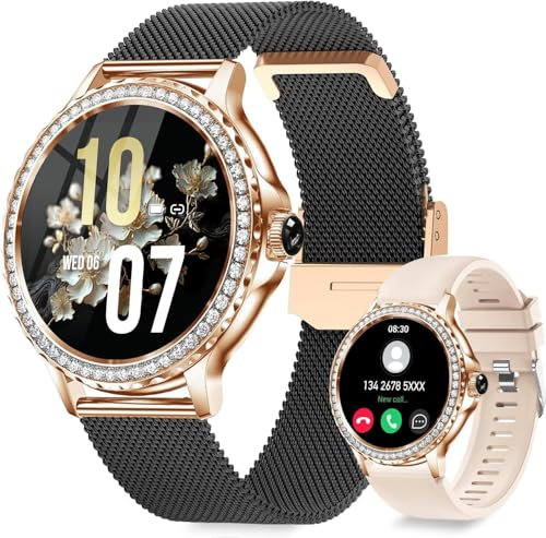 Fitoncloud Smart Watches for Women Diamonds (Answer/Make Call),1.3'' Touchscreen Smartwatch with Heart Rate/SpO2/Sleep Monitor,120+ Sport Modes,IP68 Ladies Smart Watch for iOS Android Phone,Black
