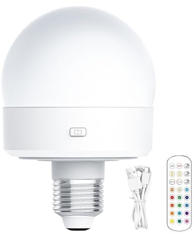 Wiederaufladbare Batterie Glühbirne - Batteriebetriebene Glühbirne, E26 LED Glühbirne Dimmbar mit Akku | Batteriebetriebene Glühbirne mit Fernbedienung und Timer, 1800mAh LED Birne mit 3 Farben