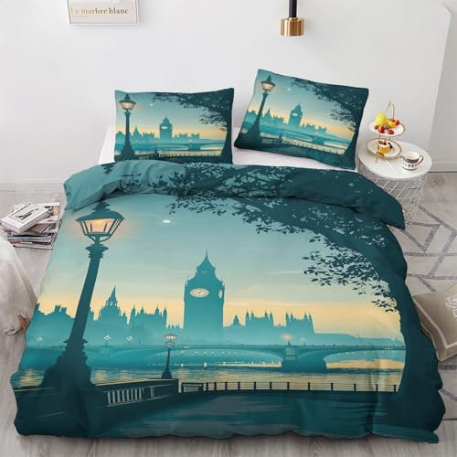 Traulpex London Big Ben Bettwäsche 135x200 cm, Stadt Landschaft Bettbezug 3 teilig, Skyline Bettwäsche Mikrofaser Bettwäsche-Set mit Reißverschluss und 2 Kissenbezug 80x80, Weich Bügelfrei