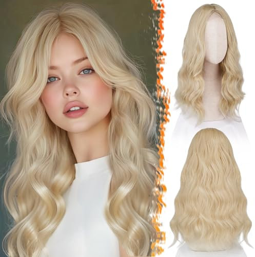 BARSDAR 46cm Gewellt Perücke Blond, Schulter Länge Perücke für Frauen Mittel Lange Lockige Mittelscheitel Synthetisches Haar Hitzebeständig Perücken Cosplay Party Halloween - Blond
