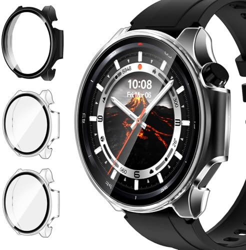 ivoler 3 Piezas Funda para OnePlus Watch 3 47mm / OPPO Watch X2, Protección Completa Protector de Pantalla de Cristal Vidrio Templado Duro PC Anti-arañazos Carcasa, 2 Transparente + 1 Negro
