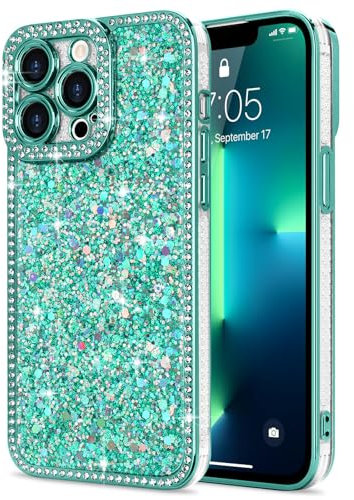 Lafunda Funda para iPhone 13 Pro Max para mujeres y niñas, funda de lujo con purpurina de cristal de diamante, protección de cámara, a prueba de golpes, funda de silicona TPU para iPhone 13 Pro Max de