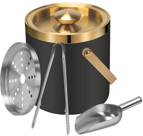 VirtuGro Ice Bucket, 2L Double Walled Insulated Small Ice Bucket with Lid and Tongs, Scoop, Strainer, Stainless Steel Champagne Bucket for Home Bars Restaurant Parties BBQs, Black and Golden