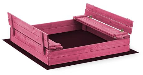 Sandkasten 100x100 cm Imprägniert oder Unbehandelt Premium Sandbox mit Abdeckung Sitzbänken Deckel Plane Sandkiste Holz Kiefer Sandkastenvlies (120 x 120 Rosa)