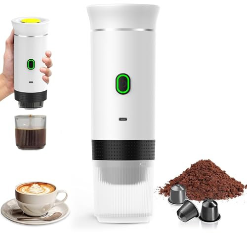 PZCC Cafetera Portatil, Cafetera Portátil Cápsula de Espresso 3 en 1, Autocalentamiento de 2a 6 Minutos, Para Cápsulas Pequeñas o Grandes y Café Molido, Cafetera Portátil para Oficina y Hogar (Blanco)