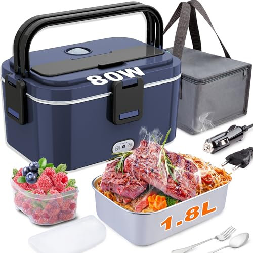 Nifogo Scaldavivande Elettrico Portatile 80W Camion/Auto Lunch Box Elettrico 12/24/230V Elettrico Portavivande 1.8l Contenitore Porta Pranzo Elettrico Per Ufficio Viaggiare Grigio Borse Isolanti(Blu)