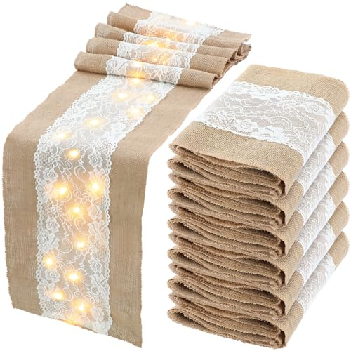 Xinnun Jute-Tischläufer mit warmen LED-Lichtern, rustikale Spitze, Hochzeits-Tischdekoration, Boho-Läufer im Landhausstil, für Empfang, Brautparty, Party, romantisch, 30,5 x 178,8 cm, 6 Stück