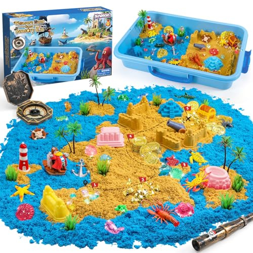 KNASON Piraten Schatzkiste Magic Toy Set mit Dunkeln leuchtende Edelsteine | 1 KG Spielsand, Sandkasten mit Deckel, Piraten Spielzeug, Fernglas, Kompass, Zaubersand Geschenk für Kinder ab 3 4 5 6