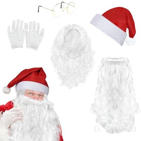 Weihnachtsmann Perücke + Bart + Mütze + Brille + Handschuhe, Weihnachtsmannmütze Weiße Santa Claus Beard Wig Erwachsene Cosplay Kostümzubehör für Heiligabend Weihnachten Halloween Party Deko (Typ 4)