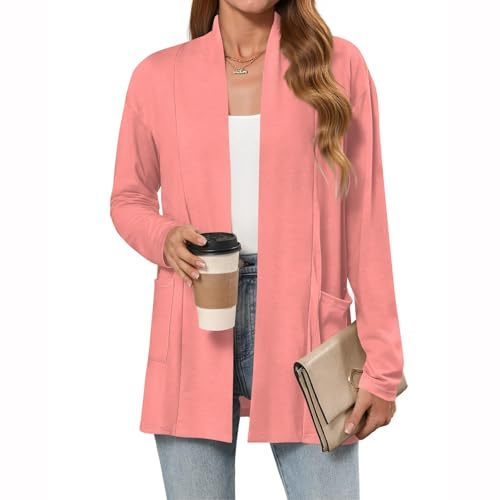 TOFOTL Lunghi Blazer Invernali Donna， Maglione Aperto Classico in Pile a Bouclé, Capispalla in Tunica con Cappuccio, Leggero Giacca Velluto Maniche Lunghe con Tasche Spolverino 16-Rosa Chiaro S