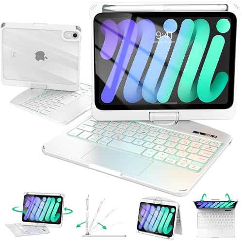 Intermerge Keyboard Case for iPad mini 7 (A17 Pro, 2024) & Mini 6 (2021) 8.3 - 360° Swivel Multi-Touch Trackpad, 7-Color RGB Backlit Keys, Pencil Holder, Type-C Charging, Power Indicator-Solid White