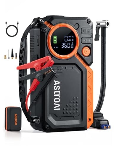 AstroAI Starthilfe Powerbank für pkw mit Kompressor, 8000A Auto starthilfe | Starter powerbank alle Benzin/12L Diesel, Motorräder, SUVs, auto starthilfe powerbank mit LED-Display, komplettes Zubehörset