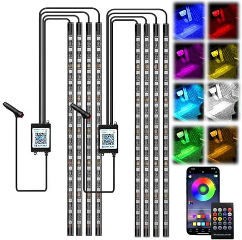 LED Innenbeleuchtung Auto, 2 Stück 4pcs 72 Streifen RGB Auto Innenraumbeleuchtung Ambientebeleuchtung 12V Zigarettenanzünder LED Strip mit APP Steuerung & Fernbedienung Dynamic Music Neon (2P)