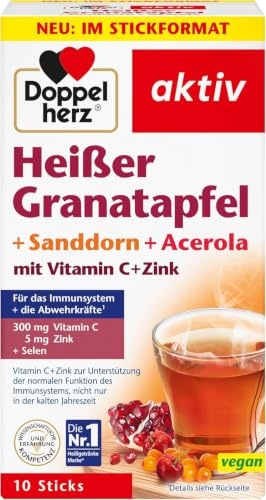Doppelherz Heißer Granatapfel + Sanddorn + Acerola | Vitamin C und Zink zur Unterstützung der normalen Funktion des Immunsystems - heiß & kalt genießen - 10 Sticks