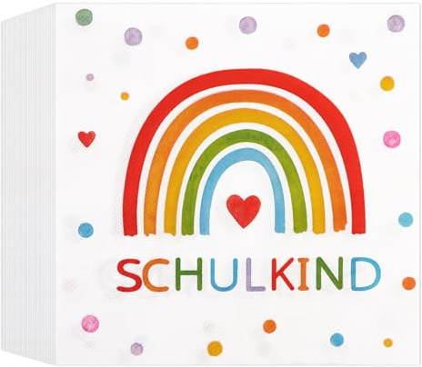 40Stück Servietten Einschulung Regenbogen, Einschulung Servietten Deko Schulkind 2026 Mädchen Junge Schulanfang Partyservietten Deko Regenbogen Party Tischdeko 33 X 33 cm