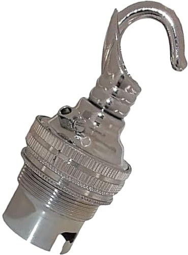 1 Pack Traditional Earthed Solid Brass Lampholder with Shade Retaining Ring and Metal Deco Styled Hook | Silver Nickel Finish - lacquered | B22|B22D | Bayonet Cap