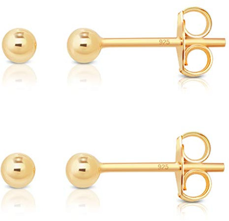 DTPsilver® 2 Paires de Clous/Puces d'Oreilles en Argent Fin 925 Plaqué Or Jaune - Forme de Boules - Mini/Petites - Diamètre: 3 mm