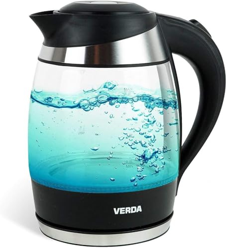 Verda Wasserkocher 1,8L 2200W Edelstahl LED Beleuchtung Kabelloss Glas Kalkfilter, Glas, 360°, 100% BPA FREI, Schnellkochfunktion (SN0618L)