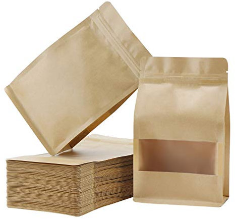 Kraft Paper Food Bags, Eusoar 50pcs Kraft Zip Lock Matte Window Reusable Sealing All-Purpose Food Storage Pouches Reclosable Lock with Tear Notch for Nuts Beans Tea (5.5 x 9.4 inch)