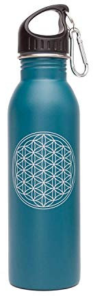 Bodhi Edelstahl-Trinkflasche, superleicht, bunt bedruckt mit farbenfrohen Design-Motiven, 700 ml, inkl. Karabiner-Deckel und Sport-Top, für Sport, Reise und Freizeit (Blume des Lebens, petrol)