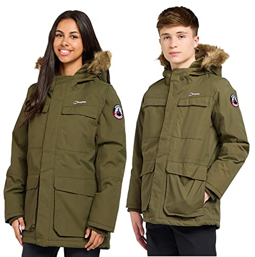 Berghaus Kids' Fourstones Parka Jacket with Adjustable Hood, Removable Faux Fur Trim, Waterproof & Insulated (UK, Age, 9 Years, 10 Years, Regular, Khaki)